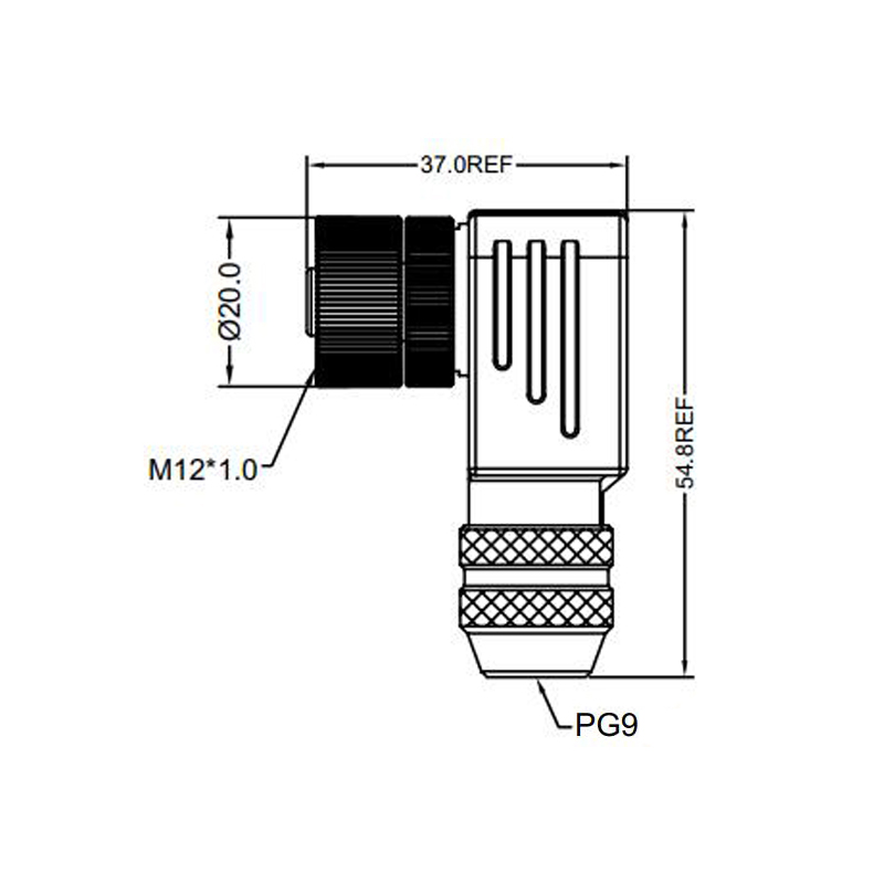 M12 17pins A code female right angle metal assembly connector PG9 thread,shielded,brass with nickel plated housing,suitable cable diameter 6.0mm-8.0mm